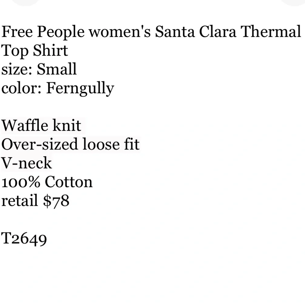 🟠NWT FREE PEOPLE Santa Clara Thermal Oversized Top in Ferngully Olive SMALL